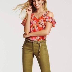 CaBI Cold Shoulder Coral Flutter Sleeve blouse